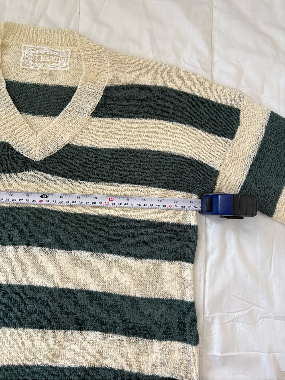 Striped V-Neck Men's Sweater in Cream and Dark Green - Picture 9 of 14